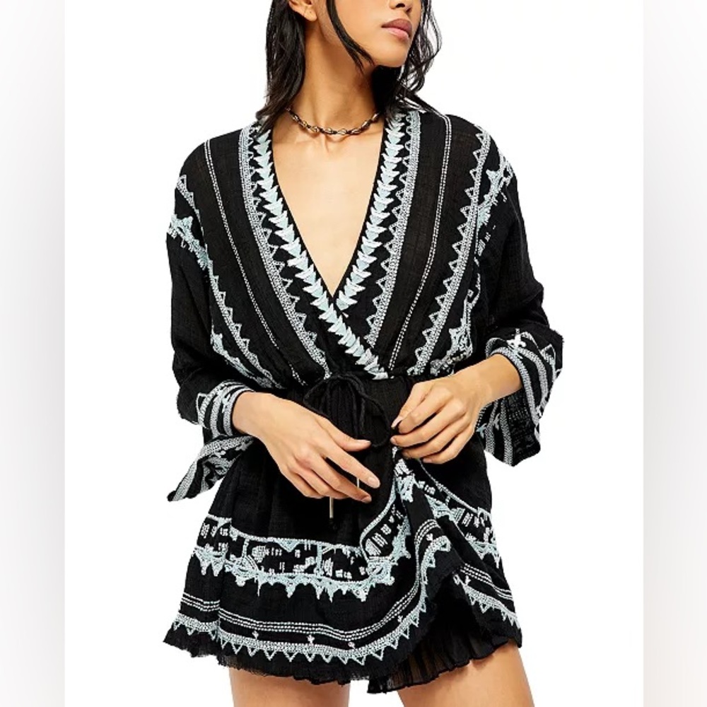 Free People Black Romper with Pale Blue Embroidery